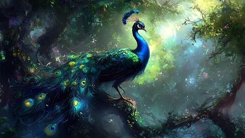 Luminous peacock rendered in high-saturation forest light scattering