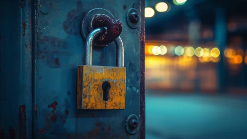Weathered padlock on blue steel door under bokeh lights.