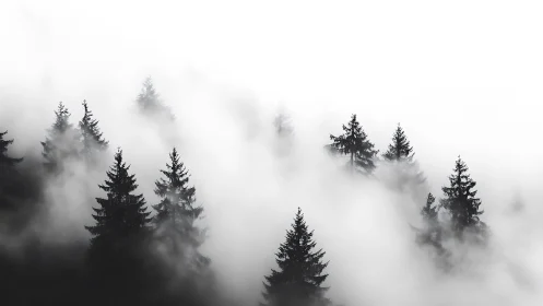 Coniferous treetops emerge from dense low-lying fog layer