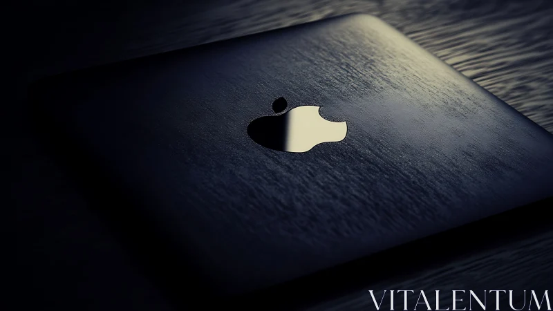 Metallic apple logo gleams over dark brushed surface.