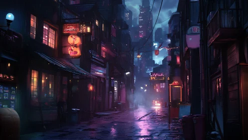 Neon alleyway glows under rain in a futuristic night city.