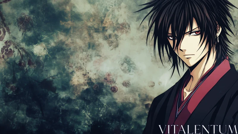 Dark-haired anime male against textured abstract wall.