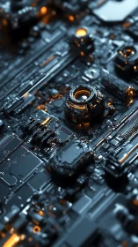 Cinematic macro of illuminated cybernetic circuit substrate.