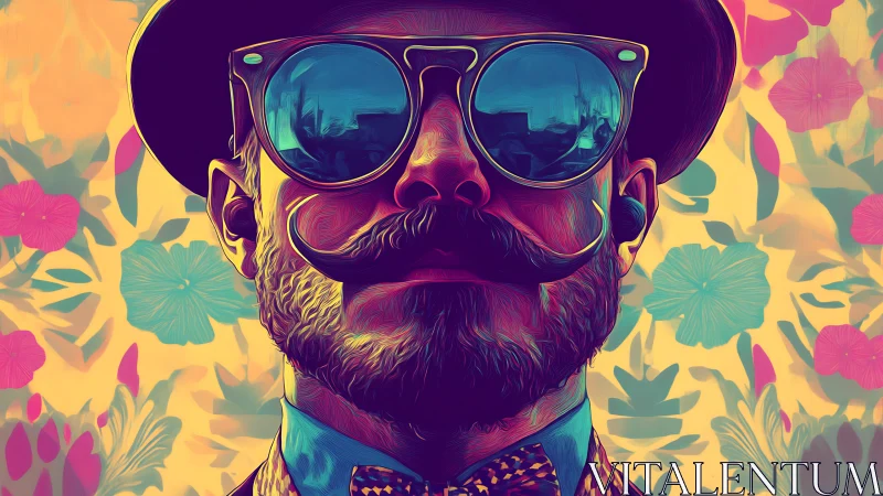 Vibrant pop-art portrait of bearded man with reflective glasses