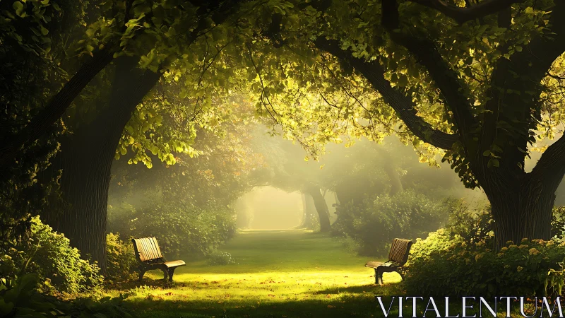 Luminous tree tunnel with symmetrically opposed park benches.