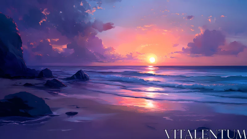 Sunset illuminates a rocky shoreline with reflected wave bands