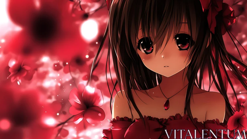 Anime girl amid red floral background with glowing accents.