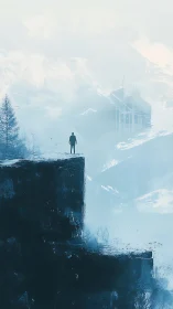 Solitary figure over frozen abyss before distant citadel.