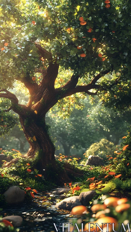 Sunlit orange grove tree above a shimmering forest stream.