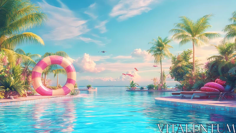 Tropical infinity pool glows under pastel sunset sky.