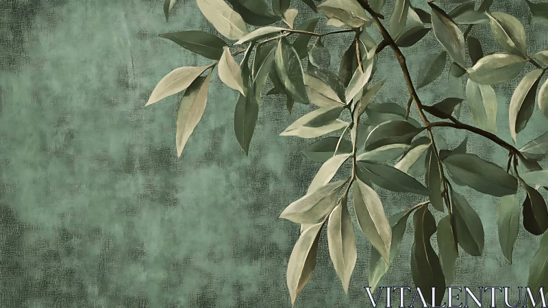 Muted olive branch on textured teal painterly backdrop.