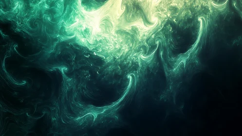 Cosmic teal currents swirl upward through glowing digital fog