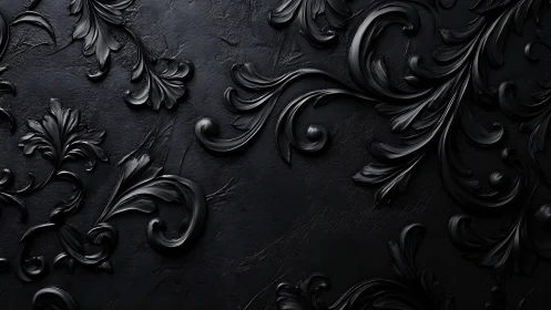 Baroque black floral relief curls across textured dark surface