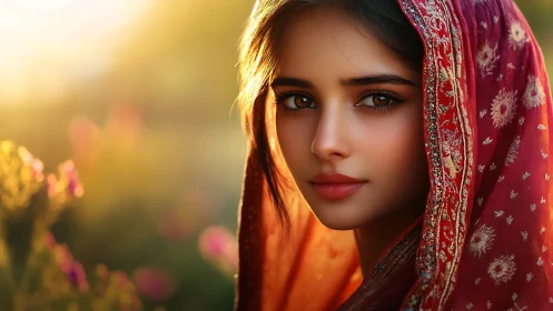 Portrait of young woman in red embroidered veil at sunset.