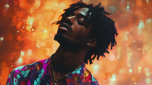 Portrait of man in patterned shirt against abstract lights.