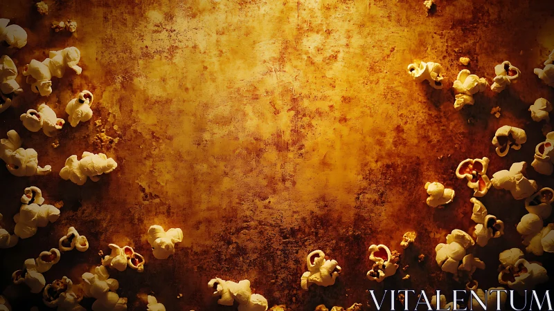 Golden cinema crumbs: popcorn scattered on rustic stage.