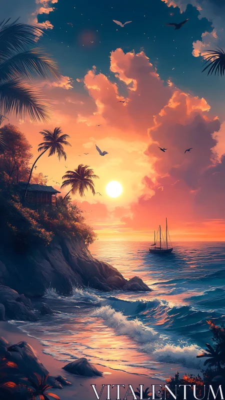 Golden sunset paints a dreamy tropical cove in gentle light