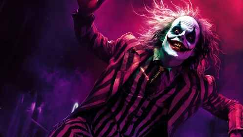 High-contrast horror clown portrait under neon magenta and green lighting