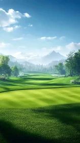 Mountain valley golf fairway under clear blue morning sky