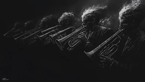 Flame-headed trumpeter sequence in high-contrast monochrome study.