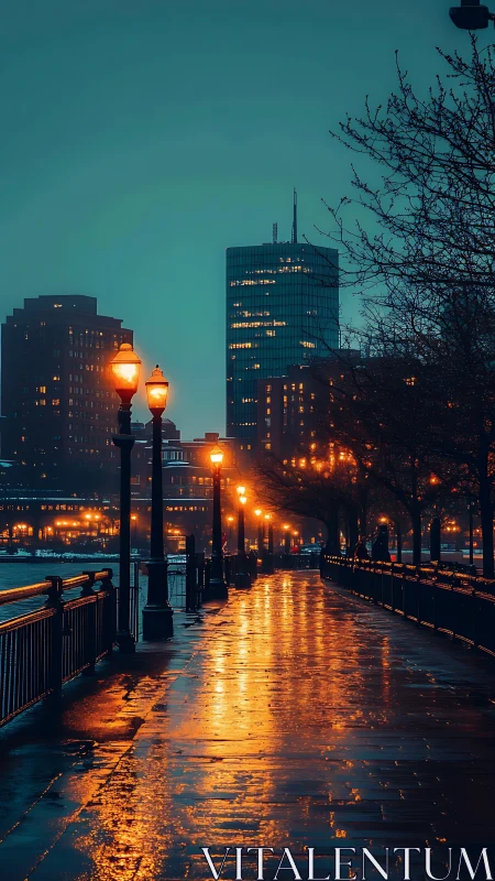 Rain-soaked riverside promenade under warm city lights.