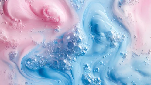 Soft pink and blue liquid surface shows clustered air bubbles