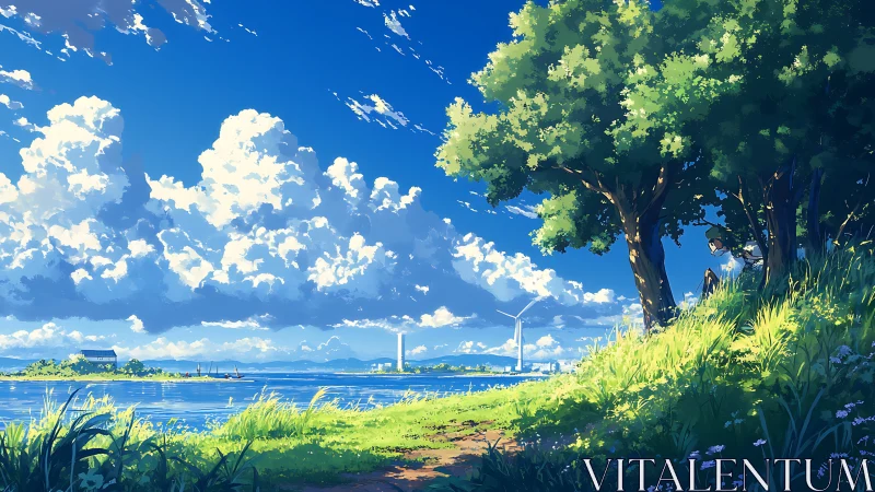 Littoral windscape with cumulus towers and shaded hillside margin.