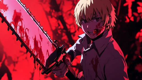 Bloodstained anime boy wielding large chainsaw weapon.