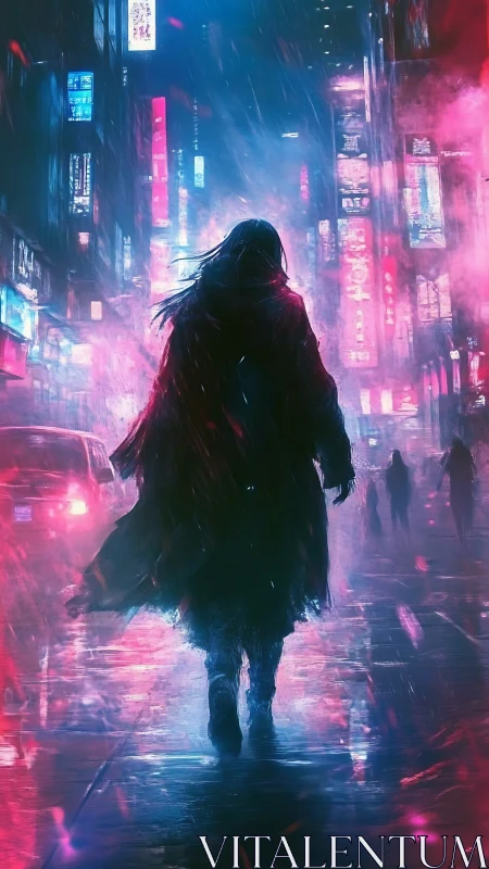 Silhouetted figure walks through neon rain in cyberpunk alleyway