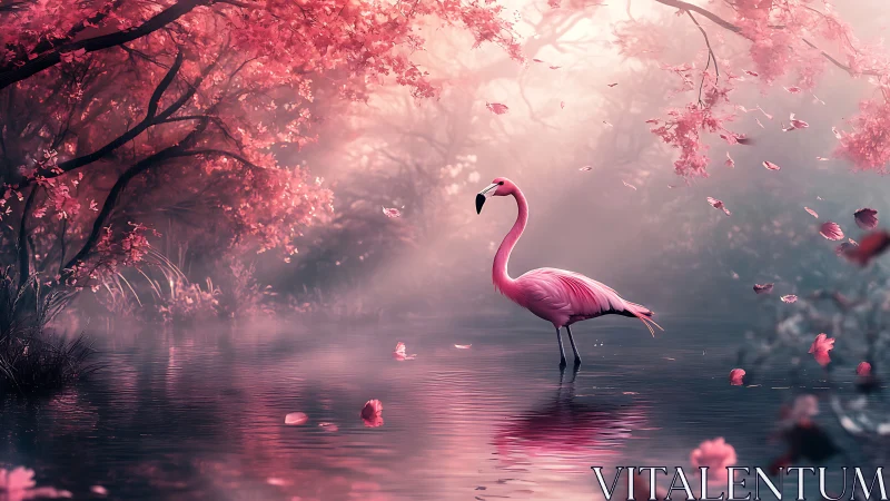 Flamingo in rose-tinted misty forest lagoon at dusk.