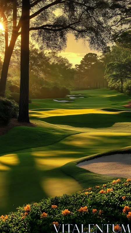 Golden sunrise bathes a tranquil tree-lined golf fairway.