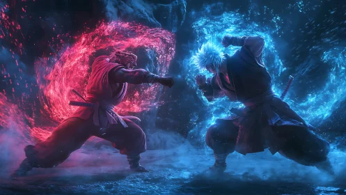 Two martial artists confront with contrasting elemental energy