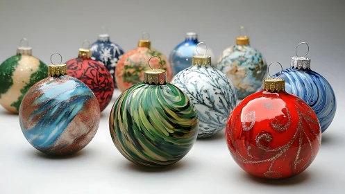 Glitter-swirled glass ornaments arranged in soft studio light.