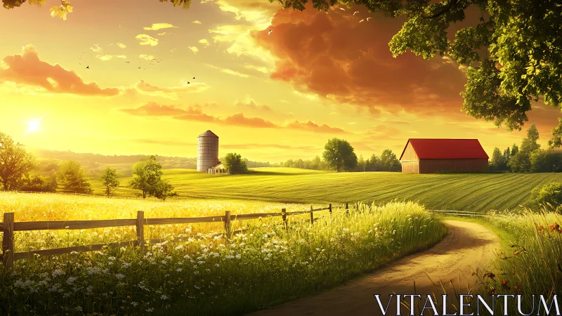 Golden countryside farm glows under a dramatic sunset sky.