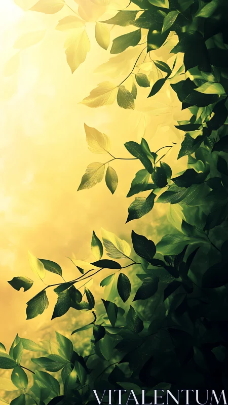 Backlit green foliage forms a vertical gradient toward golden light