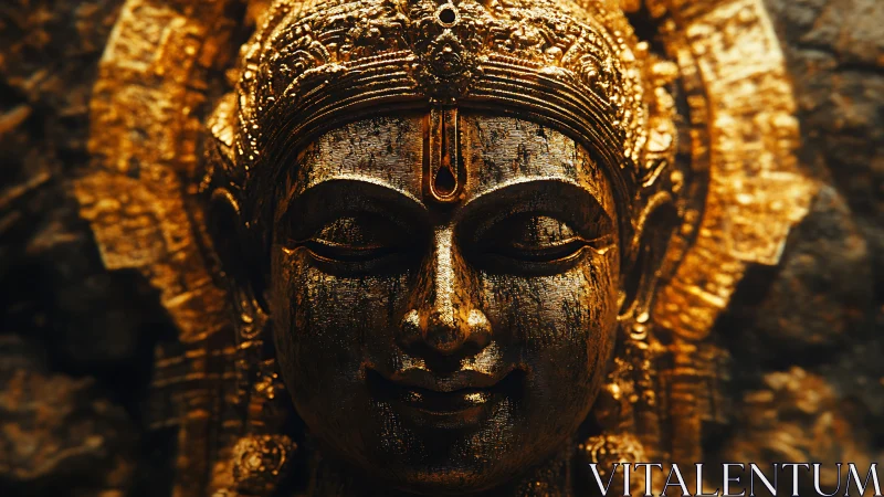 Golden carved deity face with ornate halo and textured patina.