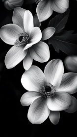 Black and white floral study with layered petals on dark background.