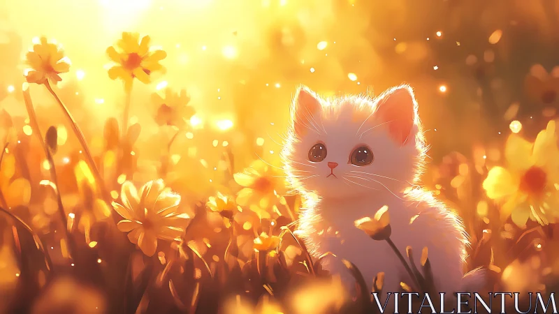Glowing meadow kitten under dreamy golden sunset light.