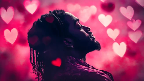 Silhouetted profile surrounded by pink heart bokeh lights.