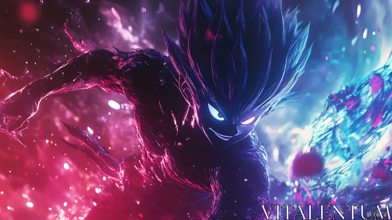 Shadow-charged anime warrior in neon bi-color energy storm.