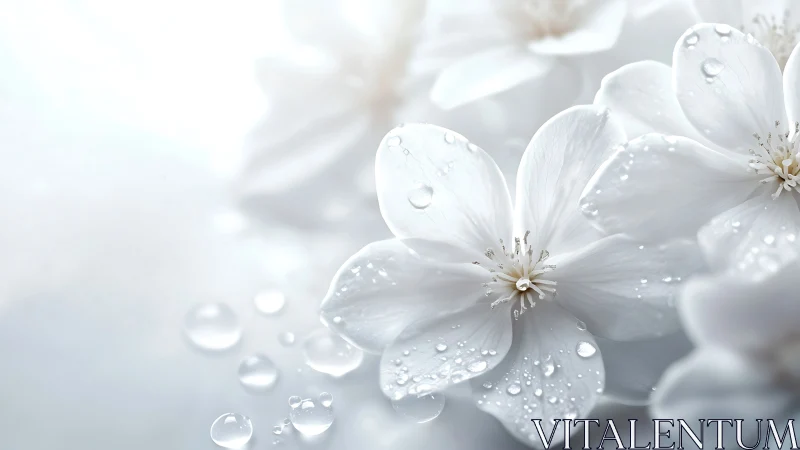 White Flowers with Dew Drops in Soft Focus.