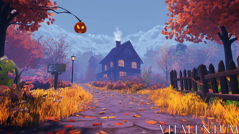 Pumpkin-lit autumn lane to a cozy haunted cottage at dusk.