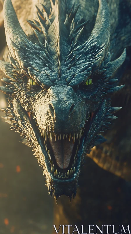 Roaring dragon head glows in cinematic golden backlight.