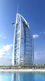 Sail-shaped coastal skyscraper with glass and steel facade.