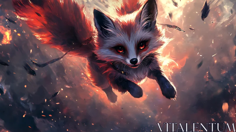 Fiery spirit fox dives through embers and swirling smoke.