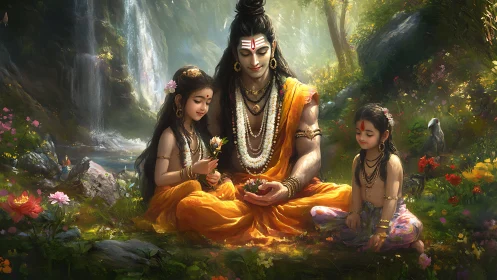 Gentle deity shares a quiet forest moment with two children