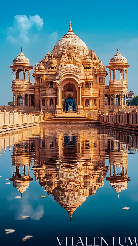 Ornate domed temple mirrored in tranquil reflective pool.