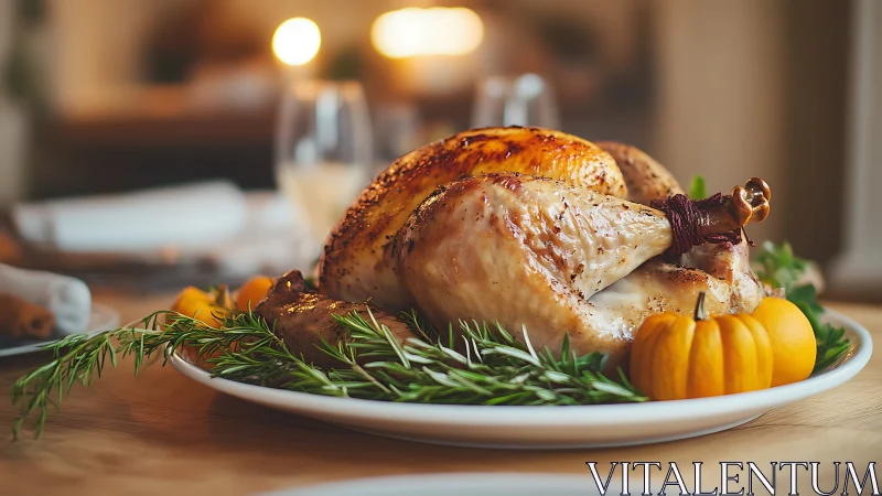 Roasted Poultry Centerpiece with Autumn Garnish and Ambient Lighting