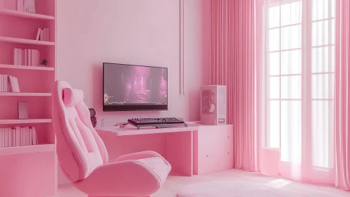 Monochrome pink gaming workspace occupies a bright corner
