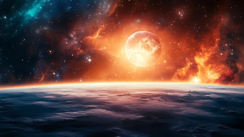 Fiery alien sun rises above frozen horizon of distant world